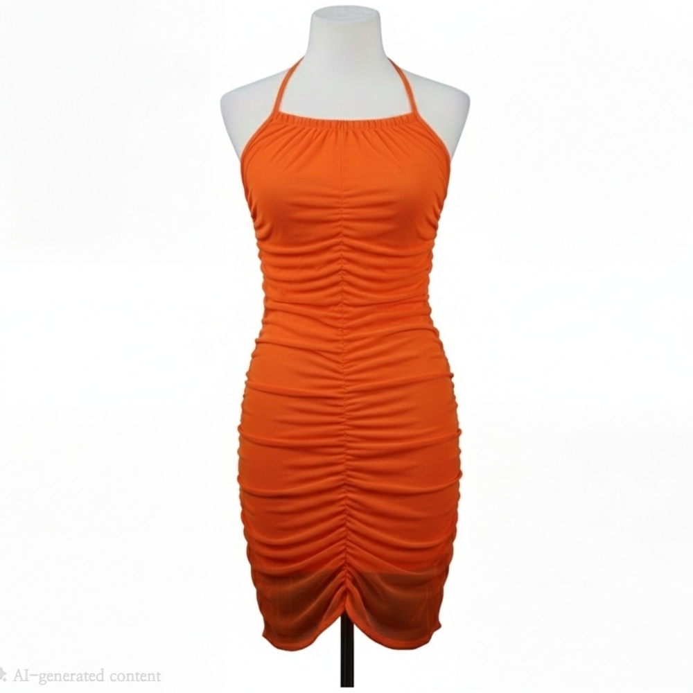 Vibrant Orange Ruched Mini Dress